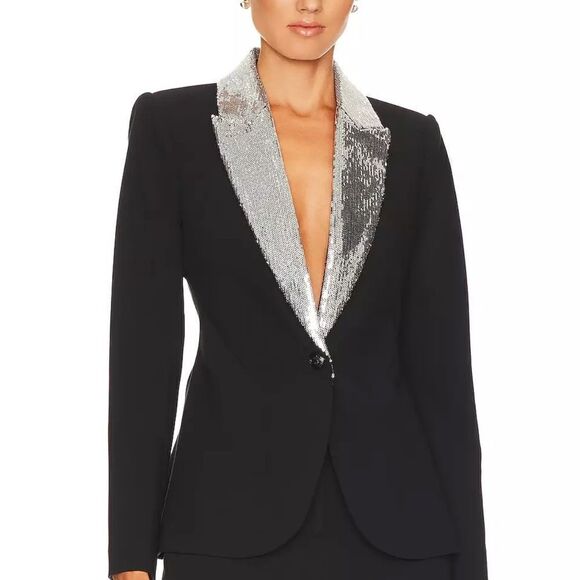 L' AGENCE 'Clementine' Sequin Lapel Ponte Blazer, Black/Silver 00 $850 - Picture 9 of 13